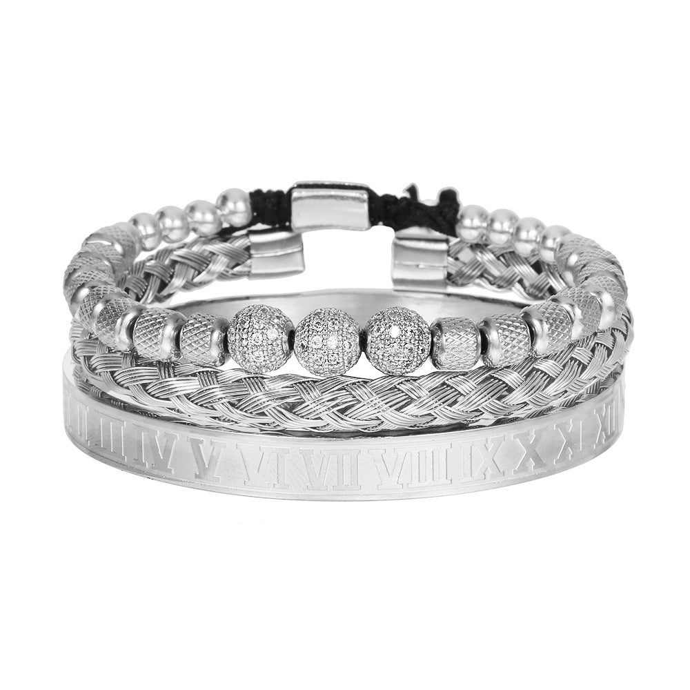 Geometric Round Stainless Steel Plated Bracelet Set with Cubic Zirconia Beads and Roman Numerals for Men and Women