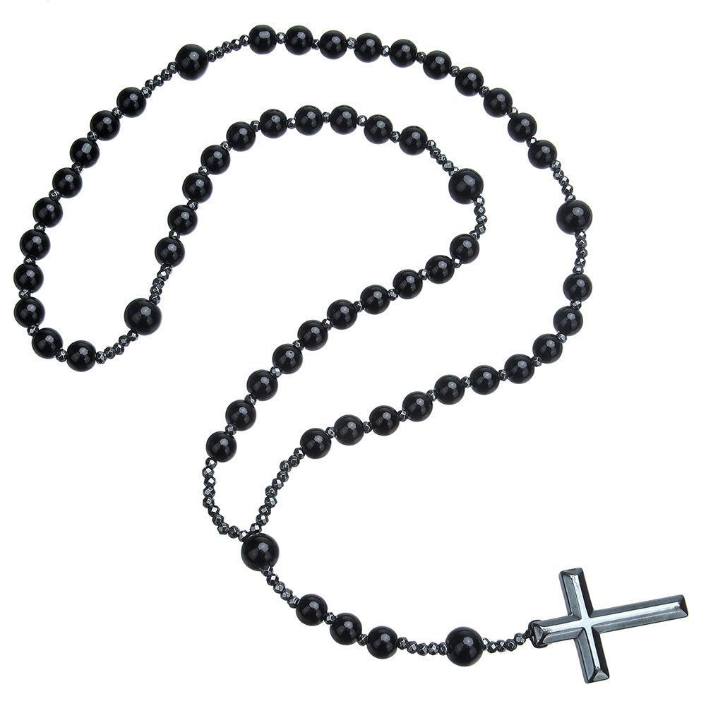Geometric Cross Tiger's Eye and Black Agate Inlay Alloy Pendant Ball Chain Necklace for Men and Women