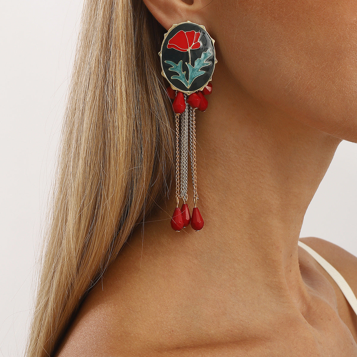 Pendientes de aleación de zinc de lujo con forma floral para mujer con acabado de esmalte y postes de resina