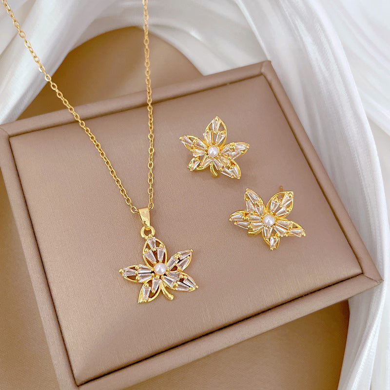 Luxury Fresh and Sweet Plated Brass Zircon Micro-Pave Earrings and Necklace Set