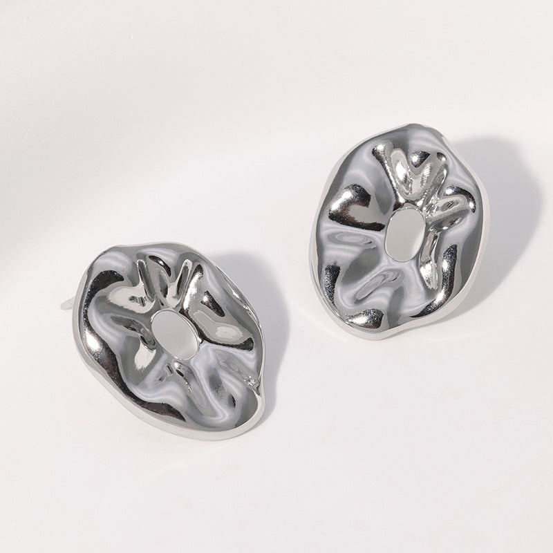 Minimalist Geometric Stainless Steel Stud Earrings with Textured Wrinkled Surface and Asymmetrical Circular Design