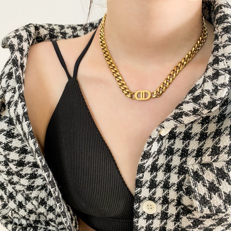 Minimalist Geometric Letter Pendant Titanium Steel Necklace with Gold Plating for Women