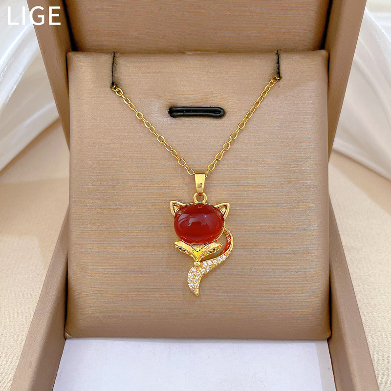 Collana da donna con pendente a forma di volpe in cartone animato, catena in acciaio inossidabile con intarsio in strass, design geometrico, stile minimalista