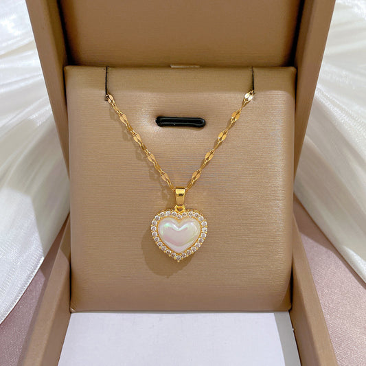 Minimalist Mermaid Heart Pendant Necklace in Titanium Steel with Micro-Pave Zirconia Accents