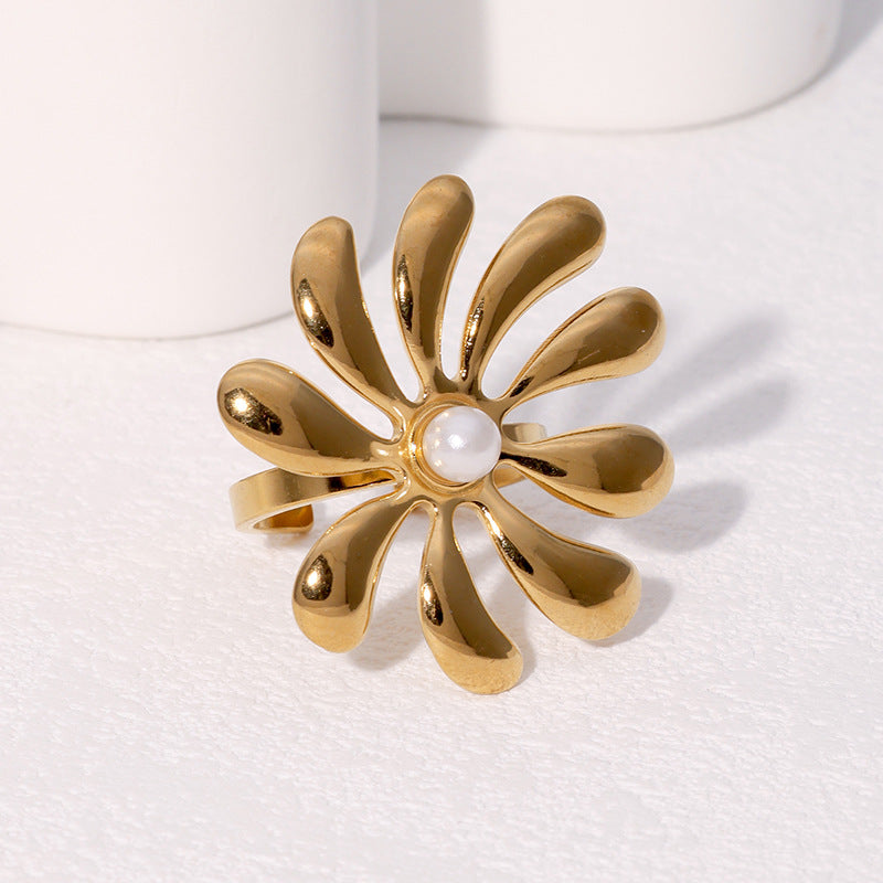 Minimalist Floral Open-End Adjustable Ring for Women Made of Stainless Steel with 18K Gold Plating