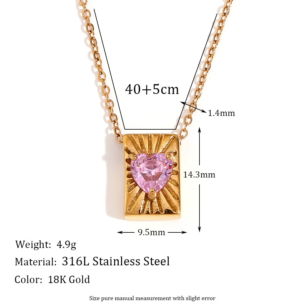 Collana con Ciondolo Quadrato Vintage da Donna in Acciaio Inossidabile con Placcatura in Oro 18K e Ciondolo a Cuore in Zirconia Cubica su Catena Standard