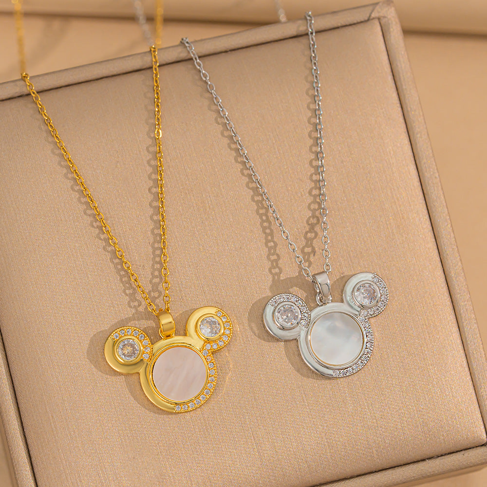 Minimalist Mickey Mouse Pendant Necklace for Women in Titanium Steel with Gold Plating, Cartoon Animal Design Locket Chain
