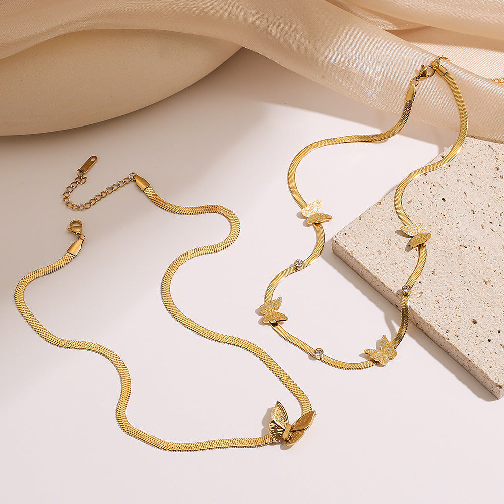 Minimalist Butterfly-Shaped Titanium Steel Snake Chain Necklace for Women with Gold Plating