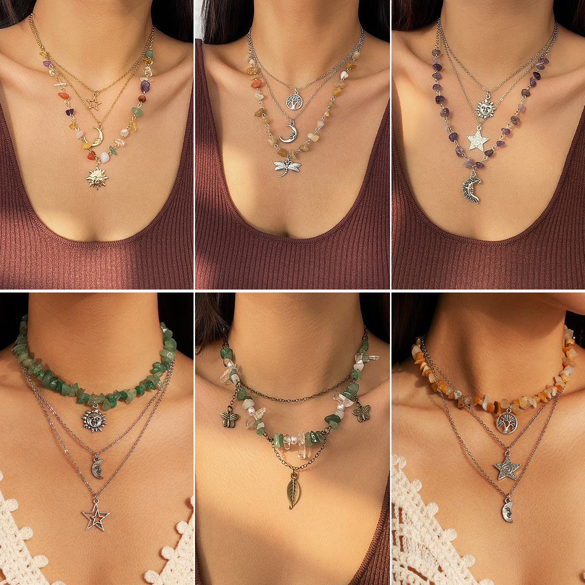 Collar de Piedra Triturada Irregular Estilo Mamba Menta, Dulce y Atrevido, para Mujer con Colgante de Luna, Diseño en Capas, Aleación Electrochapada, Cuentas de Imitación de Perlas y Acentos de Borlas