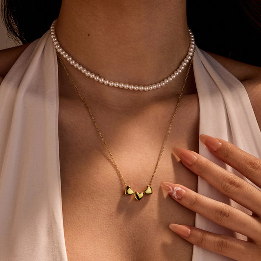 Collana in Acciaio Inossidabile a Cuore, Stile OL alla Moda, con Pendente di Perla e Placcatura in Oro 18K