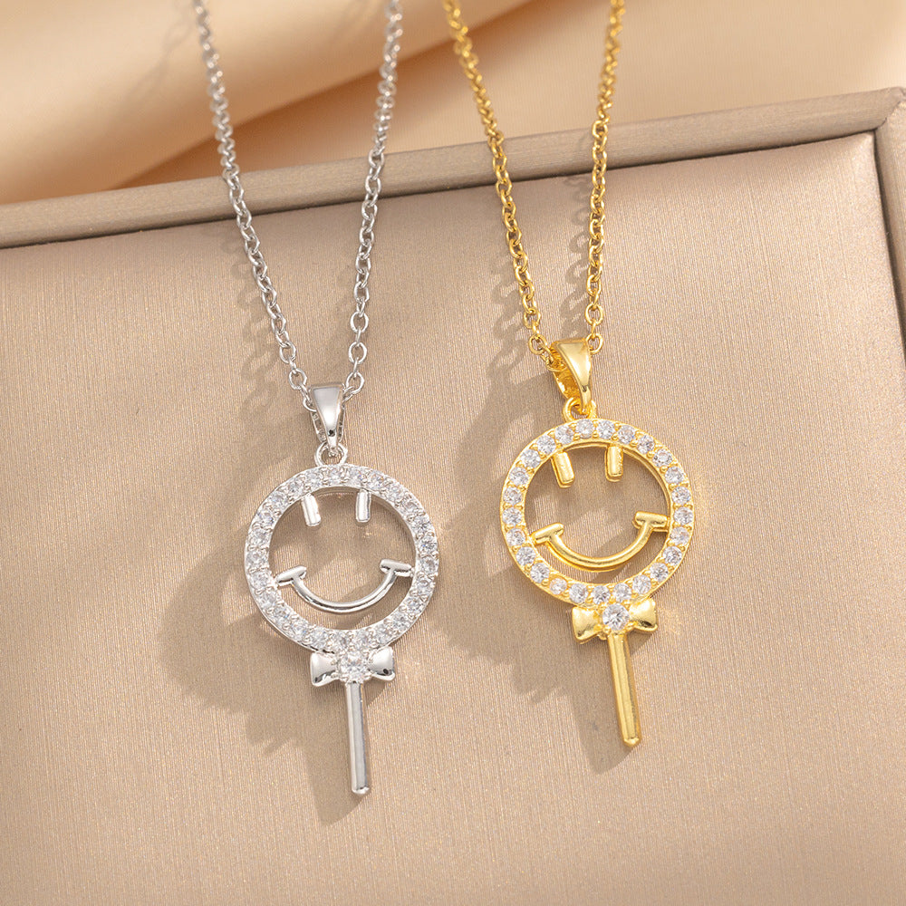 Minimalist Smiley Face Geometric Titanium Steel Plated Necklace for Women with Zircon Accent and O-Chain