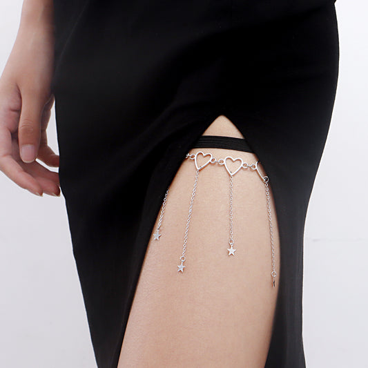 Sexy Street-Style Geometric Alloy Anklet with Heart and Star Charms, Tassel Detail, Elastic Band for Women