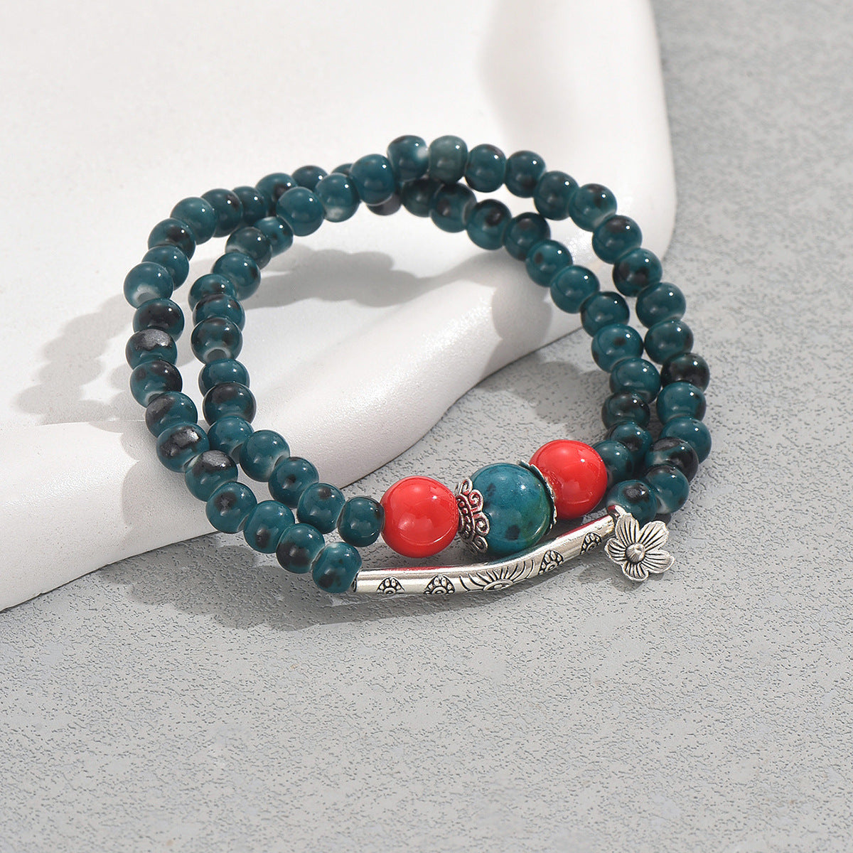 Bracciale Unisex Geometria Floreale Stile Vintage con Perle in Pietra e Gemme Artificiali Intarsiate in Lega