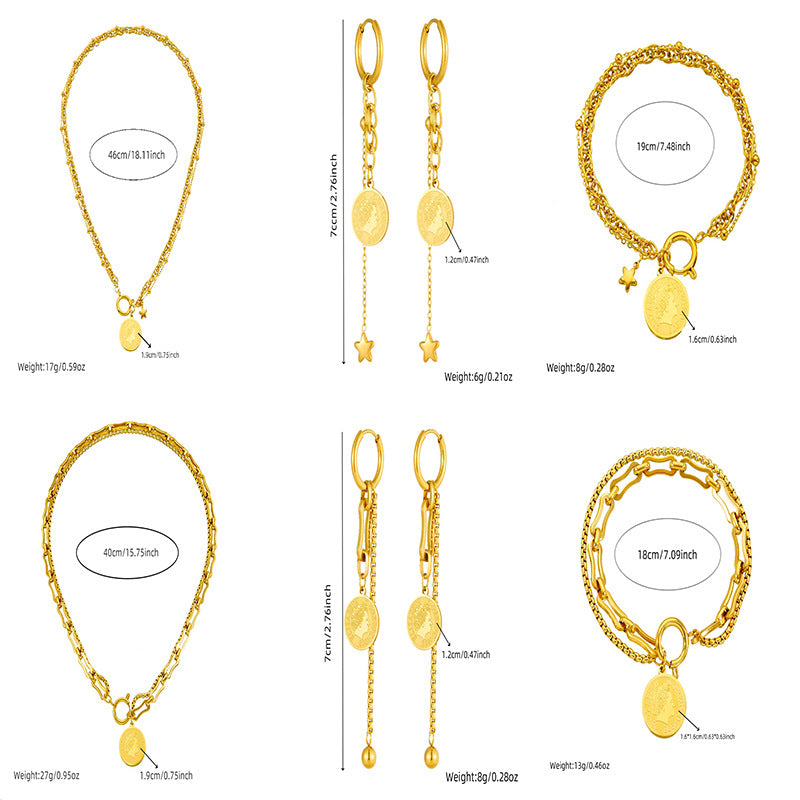 Vintage Gold Plated Stainless Steel Coin Round Star Pendant Tassel Jewelry Set with Box Chain