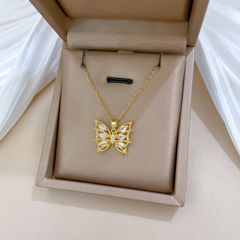 Sweet Elegant Rhinestone Plated Titanium Steel Butterfly Geometric Necklace and Earring Set for Women