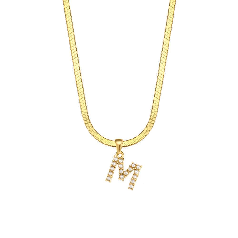 Fashionable Letter Pendant Necklace for Women Stainless Steel Plated 18K Gold Flat Snake Chain with Pearl Accent