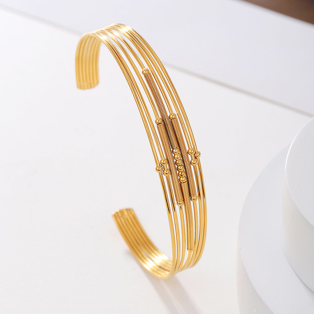 Vintage Geometric Round Plated Stainless Steel Multi-Layer Open Cuff Bracelet for Women