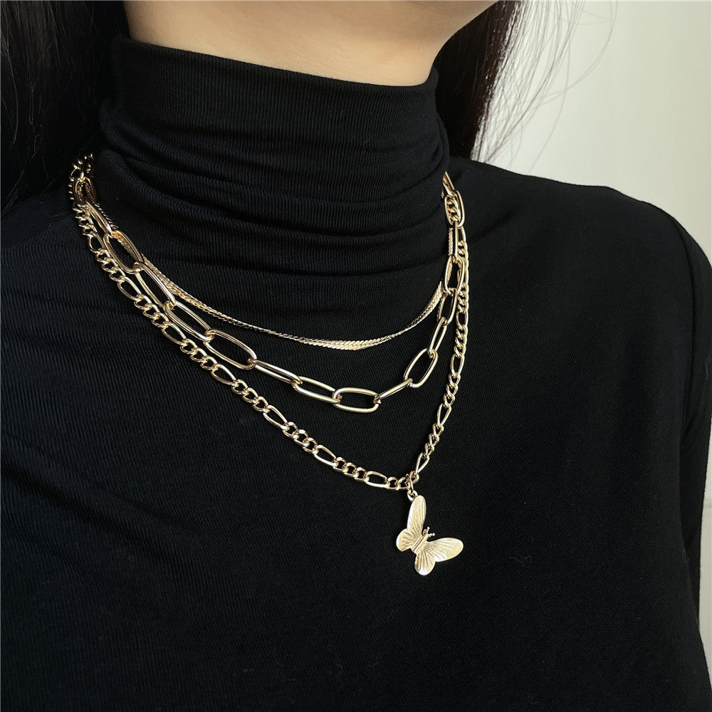 Gold Plated Alloy Butterfly Pendant Necklace with Cable Chain for Women