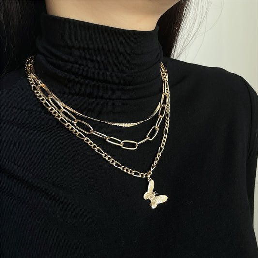 Gold Plated Alloy Butterfly Pendant Necklace with Cable Chain for Women