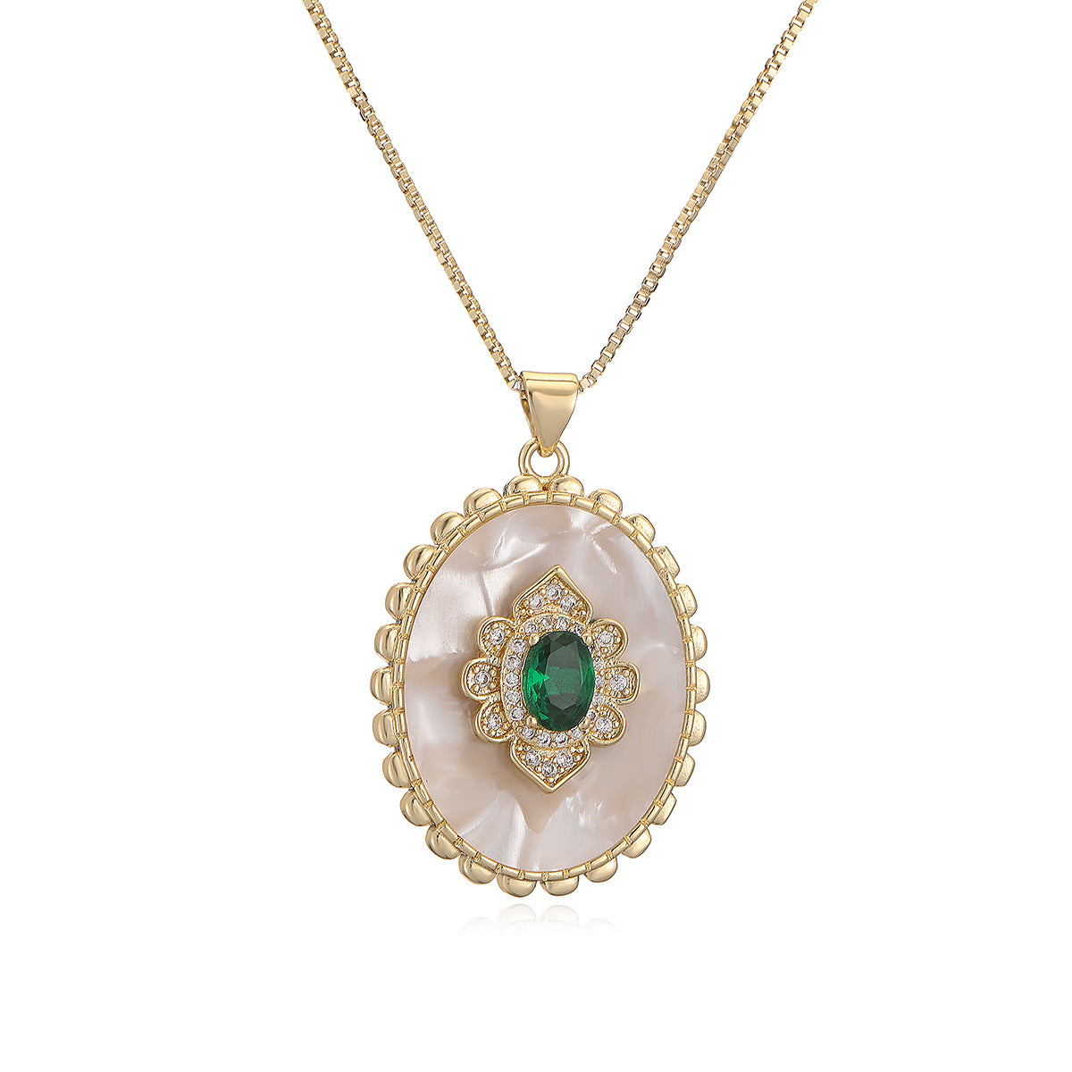 Minimalist Oval Shell Pendant Necklace for Women with Copper Base and 18K Gold Plating, Zircon Inlay