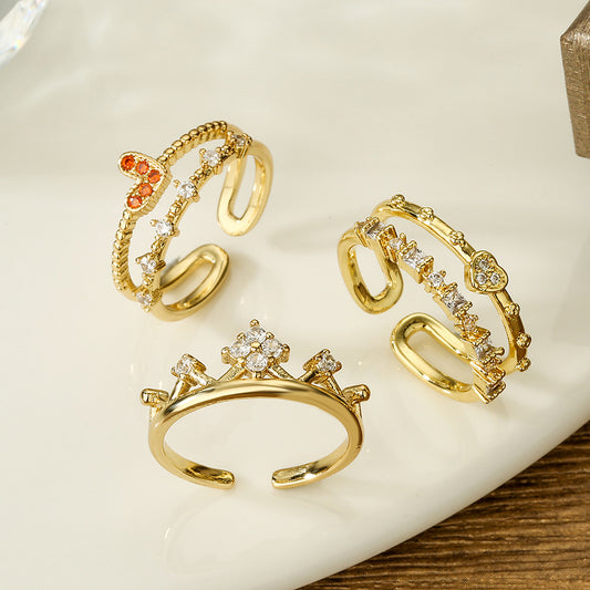 Minimalist Crown Heart Geometric Open Ring for Women Made of Brass with Real Gold Plating and Zircon Inlay