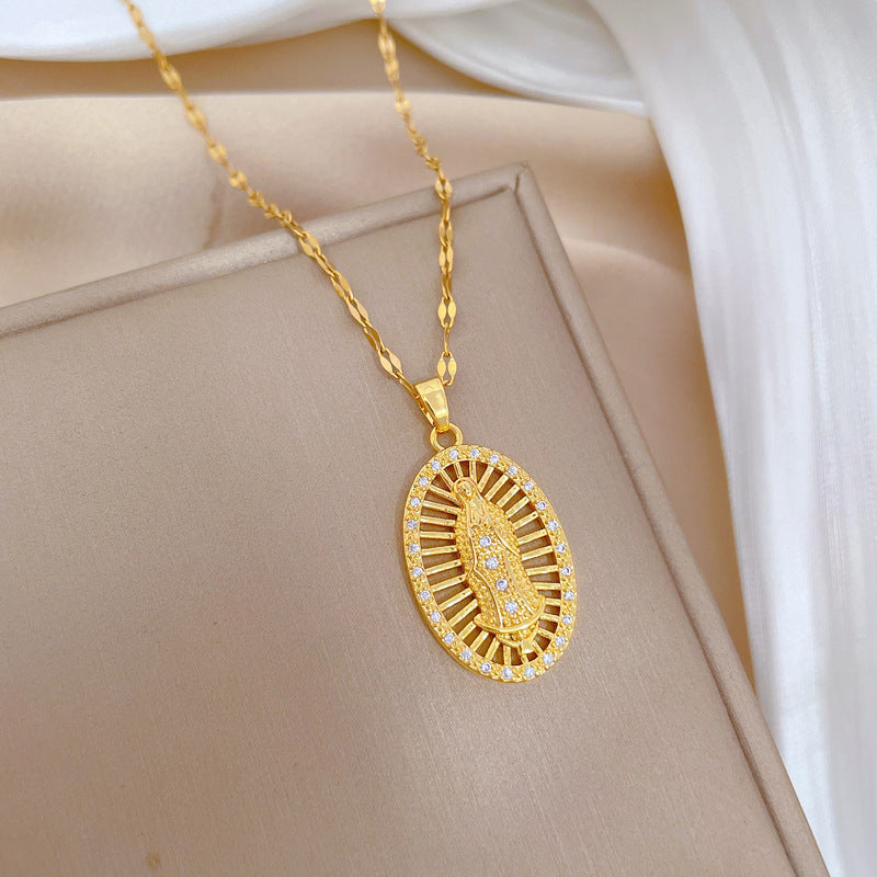 Egg-shaped Hollow Portrait Luxury Rhinestone Necklace for Women and Men Titanium Steel Pendant Chain Moon Pattern