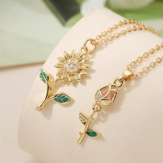 Minimalist 18K Gold Plated Brass Geometric Cubic Zirconia Sunflower Pendant Necklace for Women