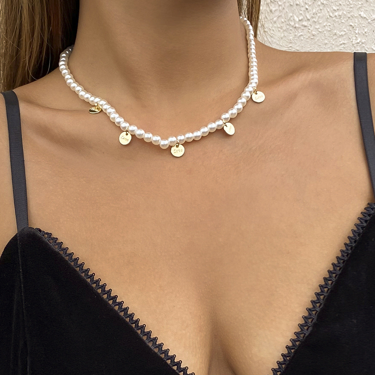 Sweet Minimalist Letter Pearl Ball Chain Necklace for Women