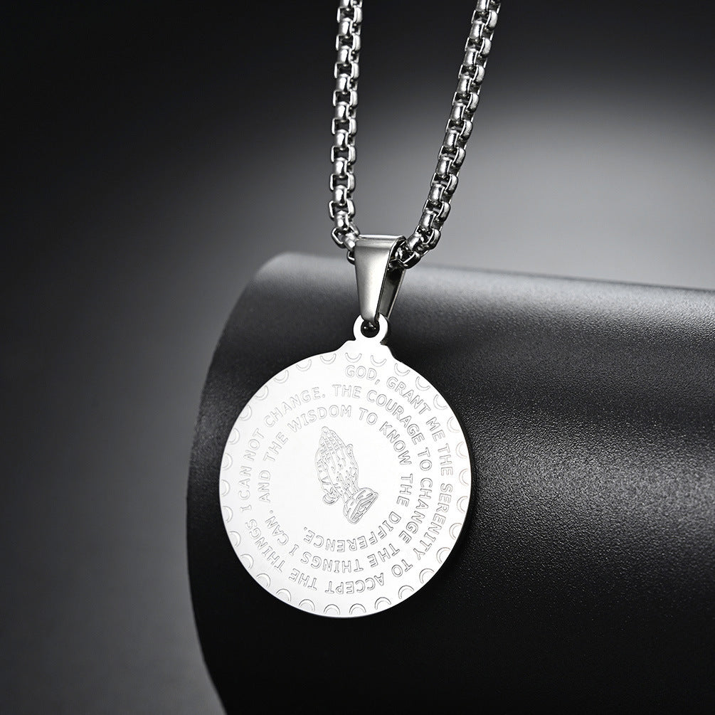 18K Gold Plated Geometric Round Stainless Steel Pendant Necklace with Curb Chain for Unisex