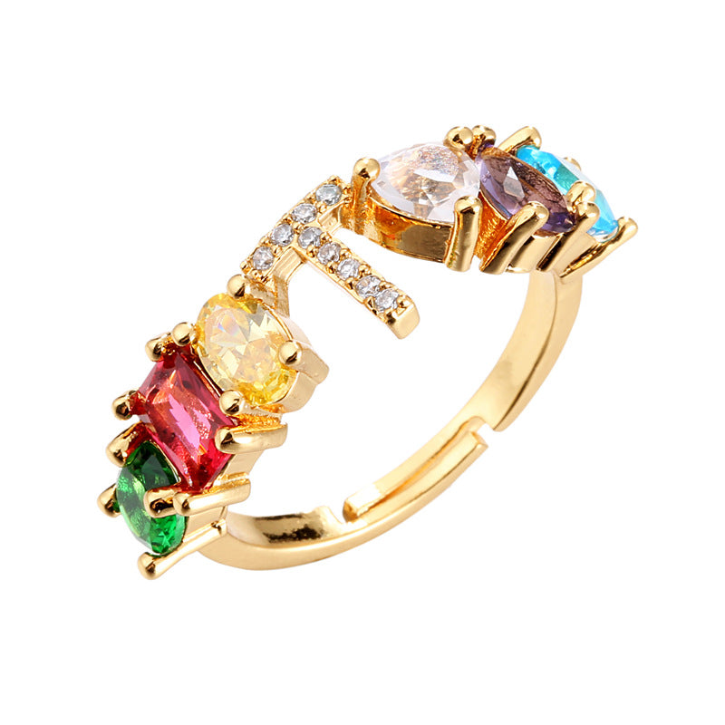Hand-Set Cubic Zirconia Letter Open Ring Gold Plated Brass Adjustable Women