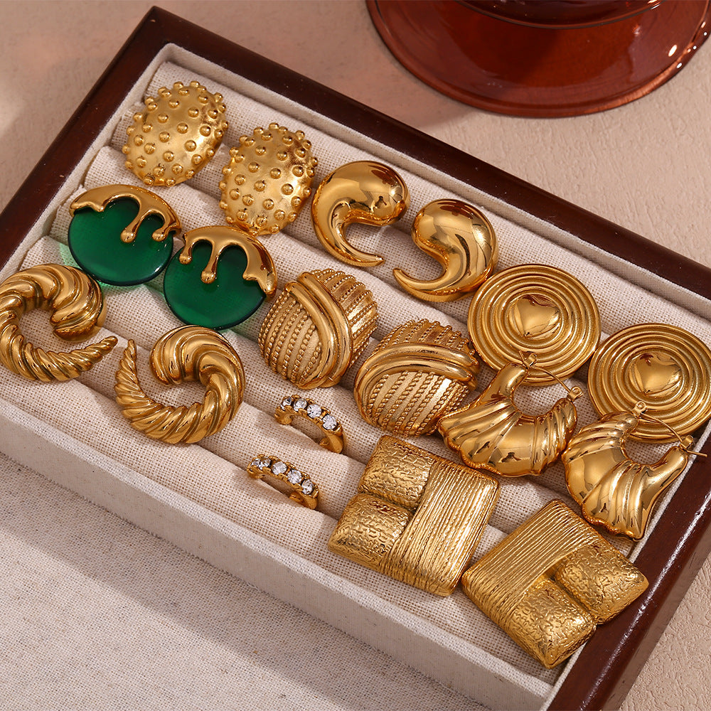 Vintage French-Style Geometric Stainless Steel Earrings with 18K Gold Plating for Women