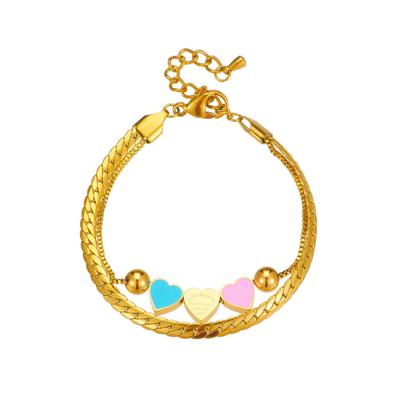 Fashionable Minimalist Heart-Shaped Titanium Steel Bracelet with Dual-Layer Chain Design and Enamel Coloring