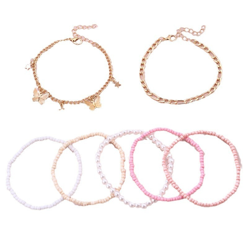 Tobillera Minimalista de Mariposa y Estrella con Cuentas de Cristal, Tobillera Hecha a Mano en Pequeños Lotes para Niñas