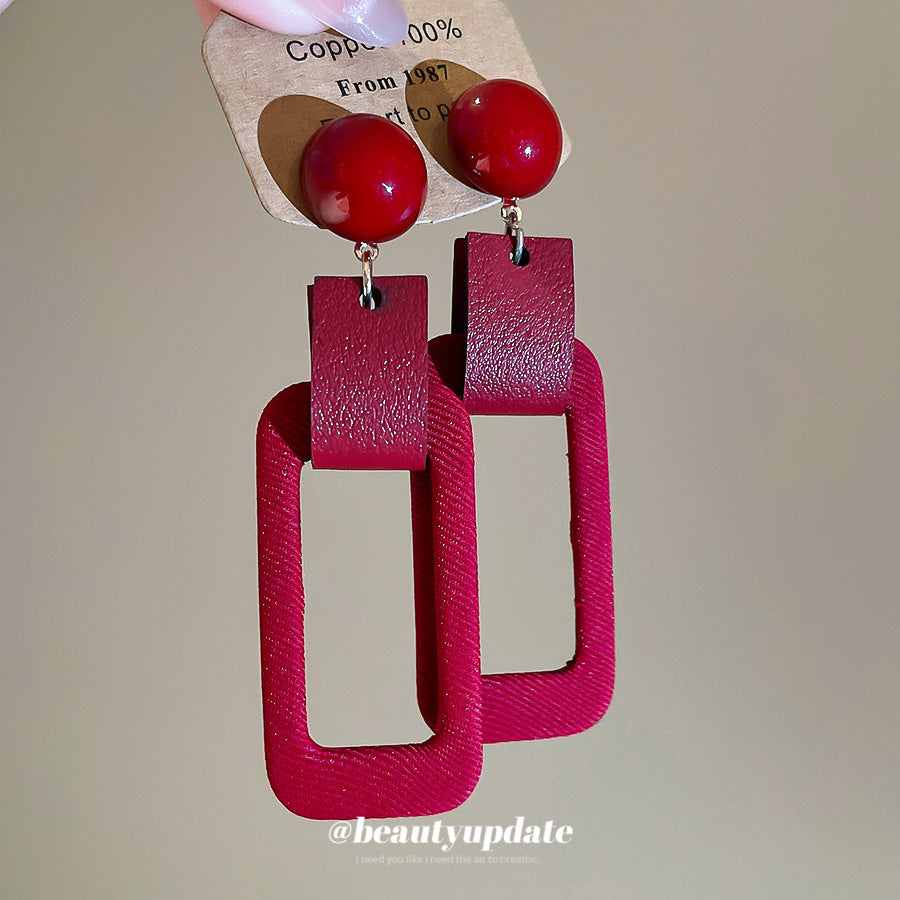 Orecchini a perno da donna in pelle floccata rossa geometrica con perni in acciaio inossidabile