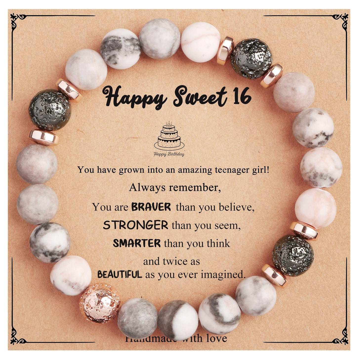 Natural Stone Zebra Print Round Beaded Bracelet for Women