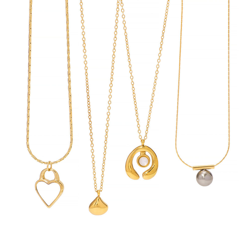 Minimalist Geometric Double-Sided Heart Pendant Necklace in Stainless Steel with Pearl and Abalone Inlay, Vacuum-Plated 18K Gold Finish