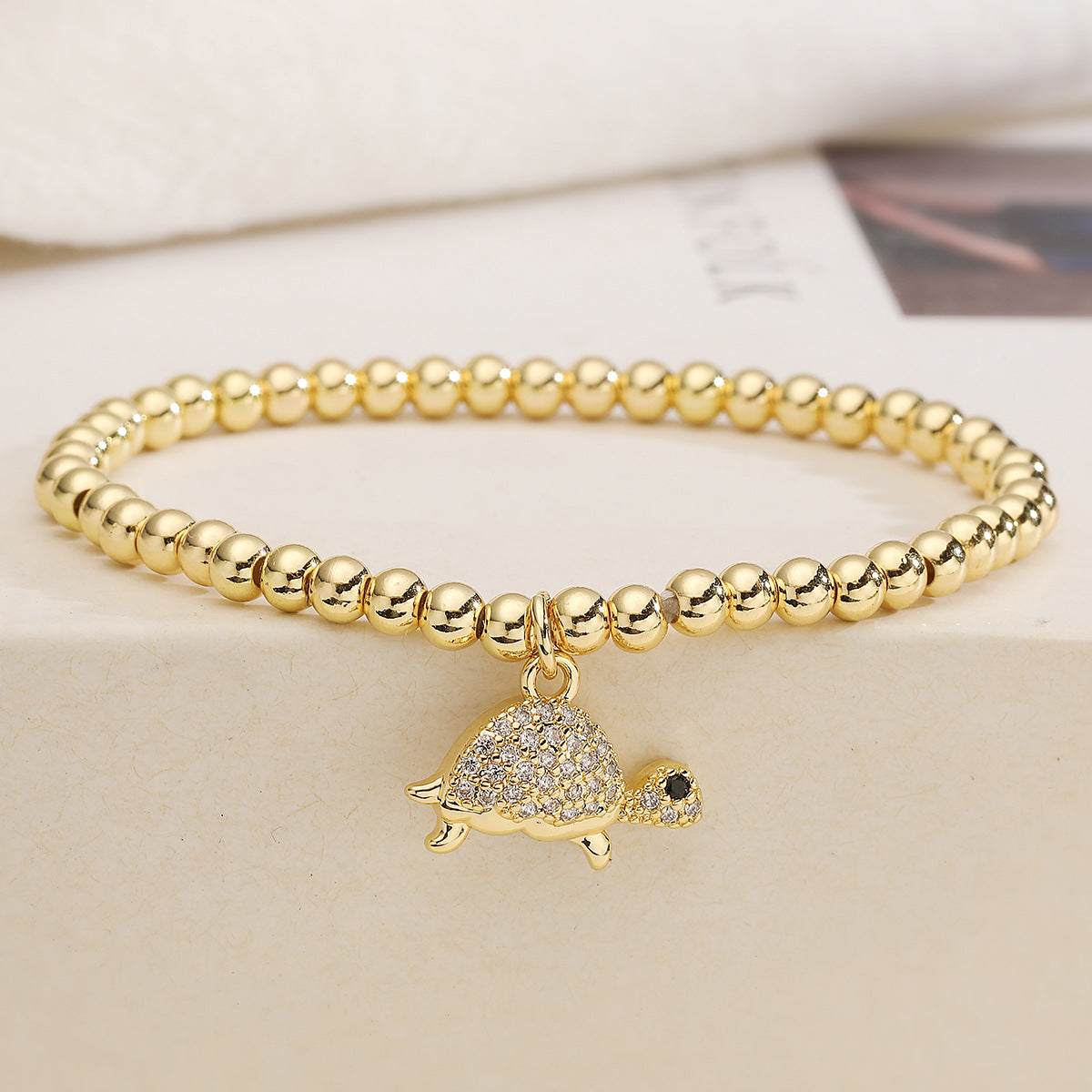Fashion Cute 18K Gold Plated Cubic Zirconia Turtle Animal Brass Ball Chain Bracelet for Women