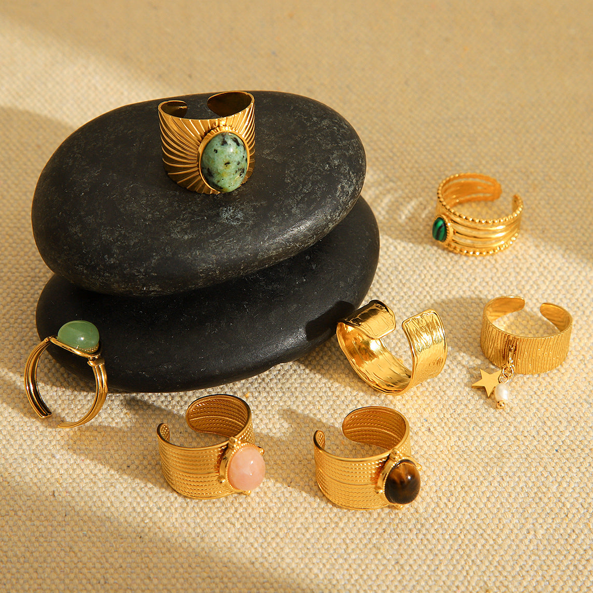 Anello vintage francese geometrico in acciaio inossidabile con intarsio in pietra naturale per donna, fascia in acciaio al titanio ipoallergenico, finitura galvanica
