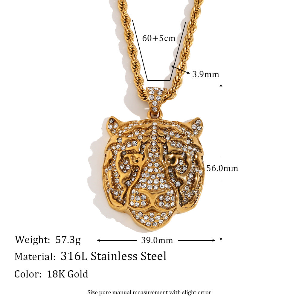 Hip Hop Style Tiger Face Pendant Necklace for Men Stainless Steel with 18K Gold Plating and Full Rhinestone Inlay on Twisted Chain