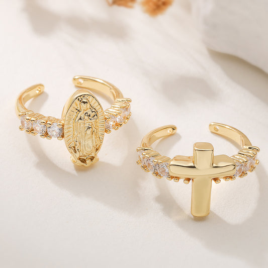 Vintage Minimalist 18K Gold Plated Brass Cubic Zirconia Cross Ring for Women