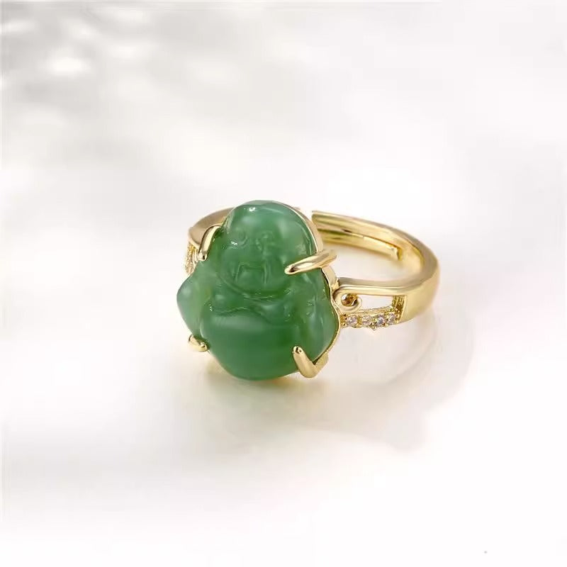Anello Buddha di Design Originale in Rame Placcato Oro 18K con Intarsio in Giada, Fascia Aperta Regolabile per Donna