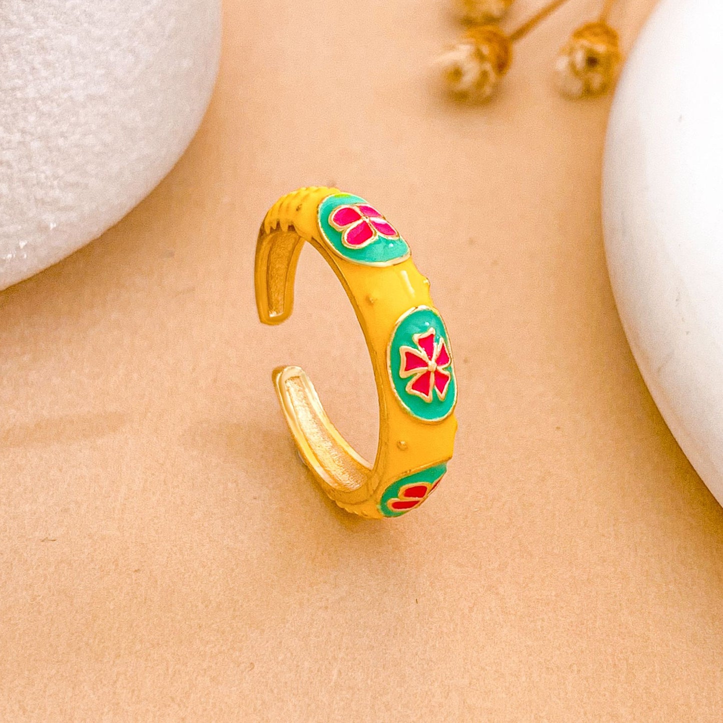 Sweet Minimalist Floral Enamel Gold Plated Brass Adjustable Ring for Women