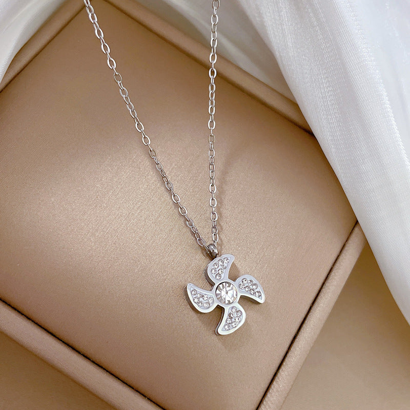 Minimalist Geometric Windmill Pendant Necklace for Women and Men in Titanium Steel with Gold Plating
