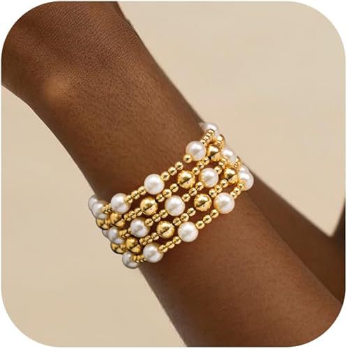 Elegant Gold Plated Hematite Elastic Bracelet with Baroque Imitation Pearls Geometric Multi-Layer Design for Women