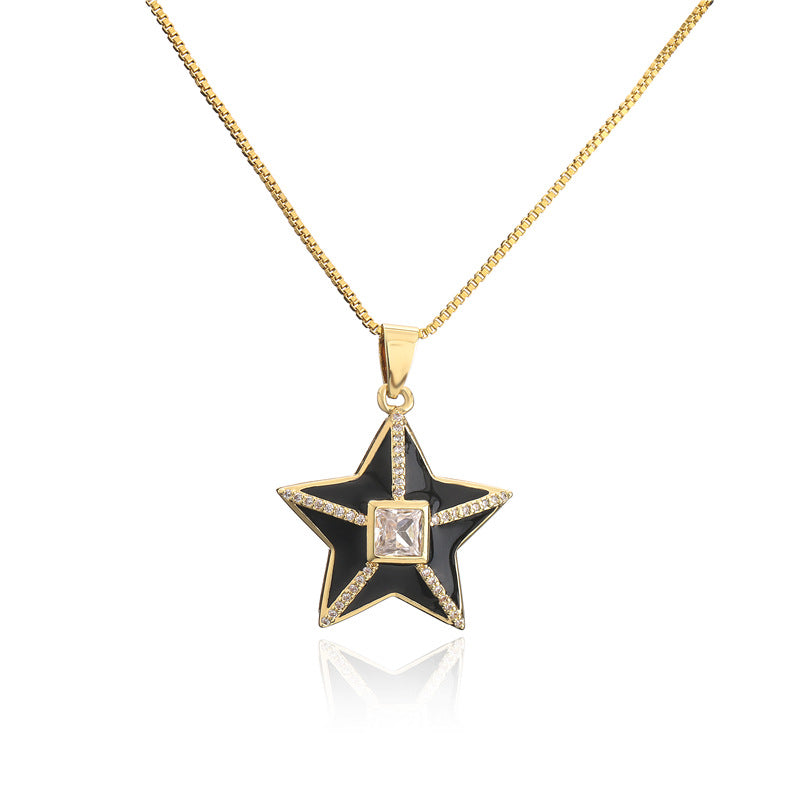 18K Gold Plated Brass Star Drip Oil Cubic Zirconia Pendant Necklace Box Chain for Women