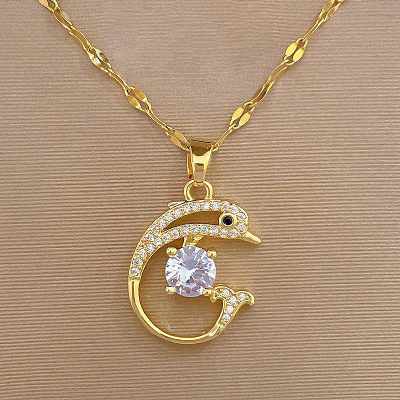 Elegant Dolphin Pendant Necklace for Women Stainless Steel Chain with Rhinestone Inlay Geometric Design Minimalist Style