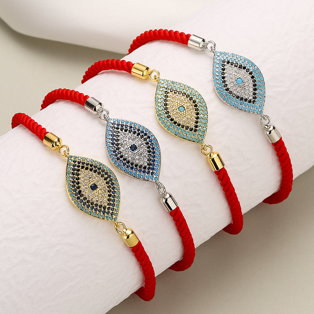 Geometric Evil Eye Rhinestone Micro-Paved Copper Bracelet for Women with Red Cord