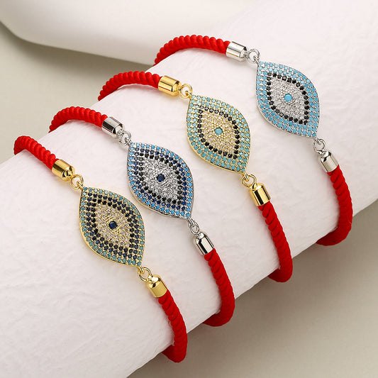 Pulsera de cobre con diamantes de imitación microincrustados, ojo turco geométrico y cordón rojo para mujer