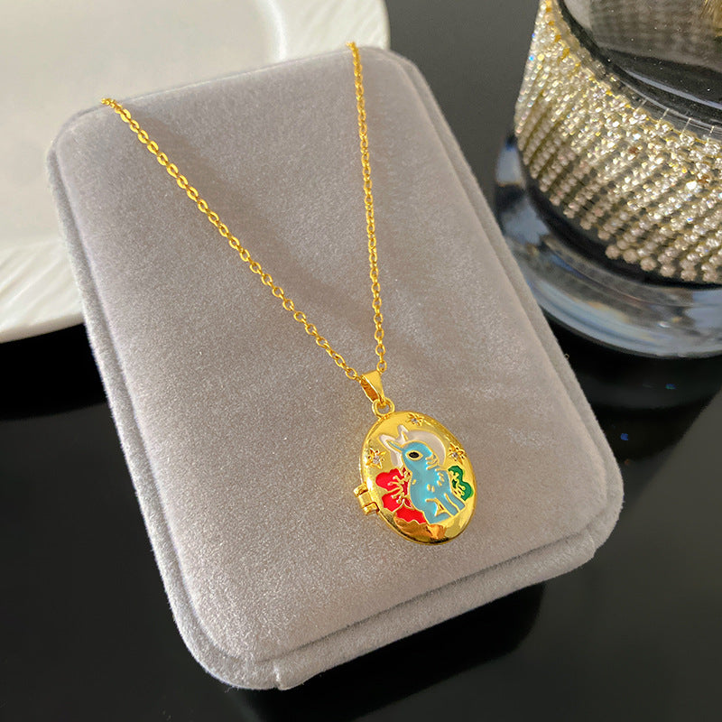 Vintage Enamel Drip Oil Oval Heart Brass Pendant Titanium Steel Necklace Cable Chain