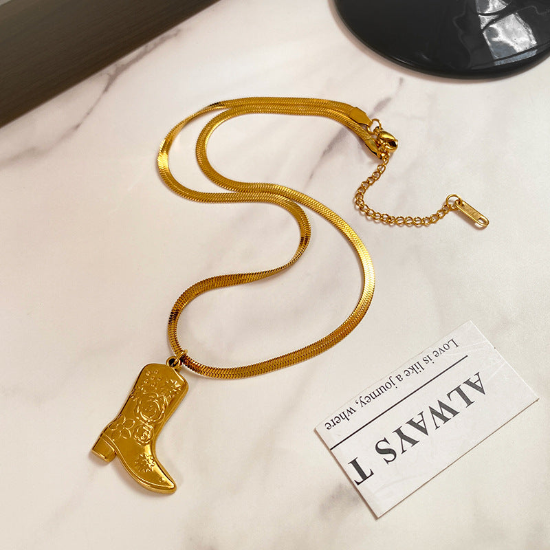 Vintage Titanium Steel Boot Pendant Snake Chain Necklace